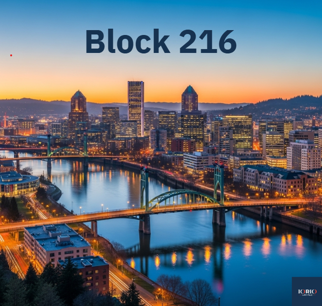 Cityscape of Portland, Oregon at dusk, the location of the Block 216 building, with text overlay reading 